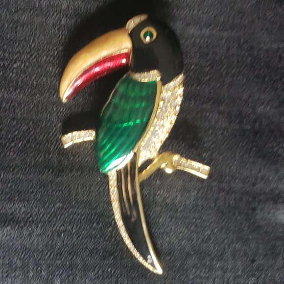 Large Enameled Rhinestone Crystal  Toucan Brooch - Picture 2 of 8